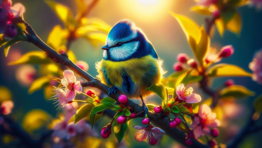 Blue tit on a Cherry flower tree wallpaper