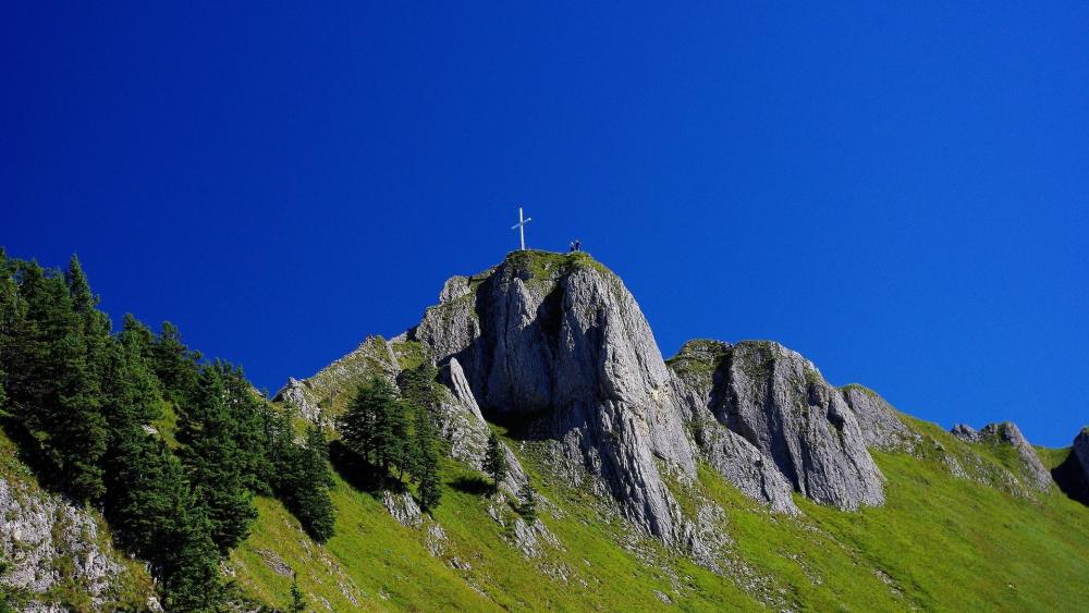 Mountain Peak with Cross Under Clear Blue Sky wallpaper