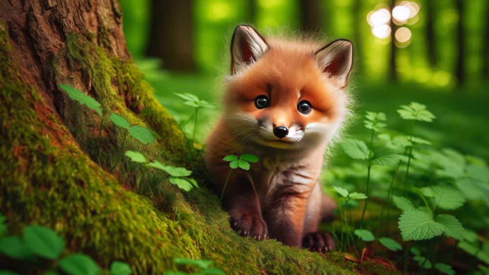 Red fox cub in the forest  wallpaper