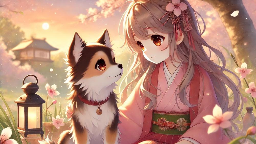 Kawaii Companionship in Cherry Blossom Grove wallpaper