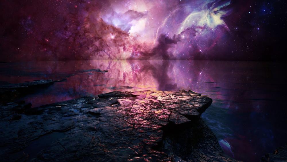 Starry Dreams and Aurora Reflections in Fantasy Art wallpaper