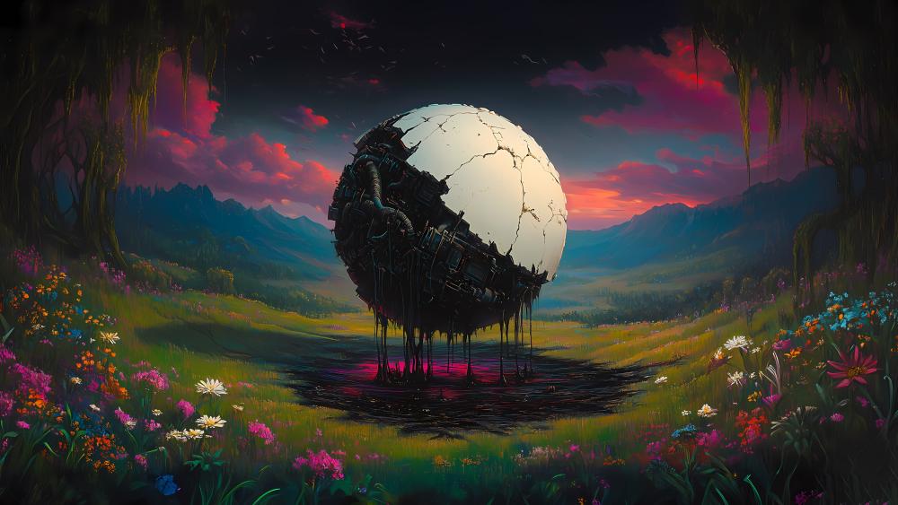 Enigmatic Orb in a Futuristic Anime Landscape wallpaper