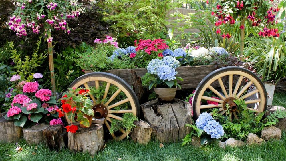 Colorful Blossoms Adorning a Rustic Carriage Garden Scene wallpaper