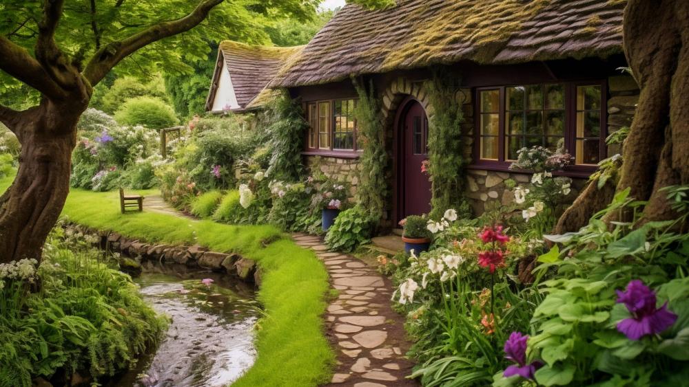 Cottage Sanctuary Amidst Lush Gardens wallpaper