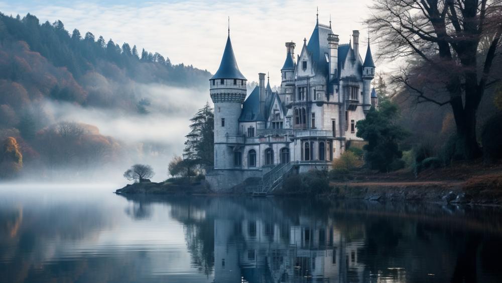 Mystical Castle by the Lake in AI Art wallpaper