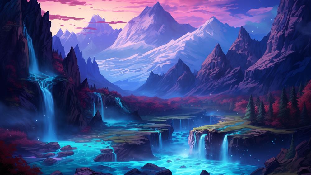 Anime Mountains with Waterfalls and Twilight Skies wallpaper