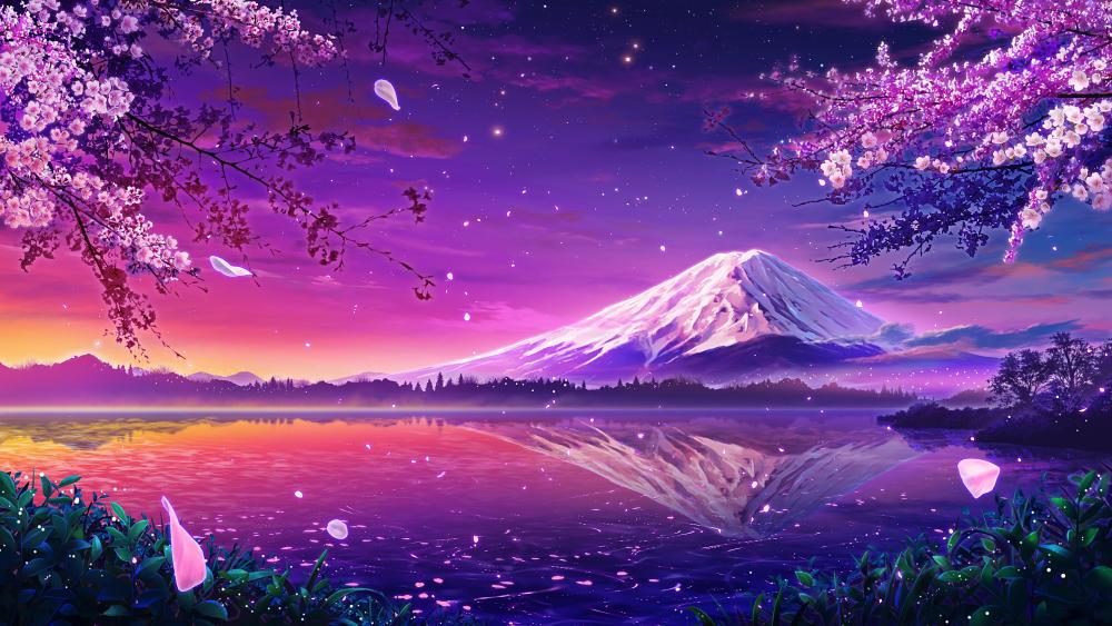 Mount Fuji's Evening Blossom Serenity wallpaper