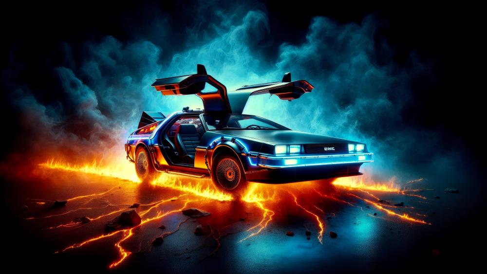 Futuristic DeLorean DMC in Glowing Landscape wallpaper