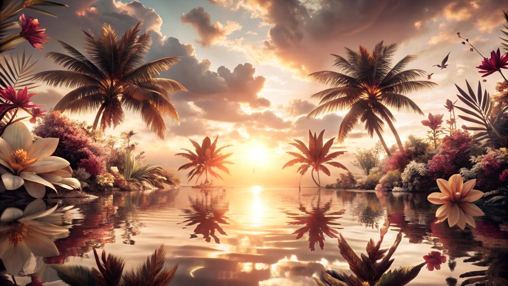 Botanical dreamscape with palm trees and sunset  wallpaper