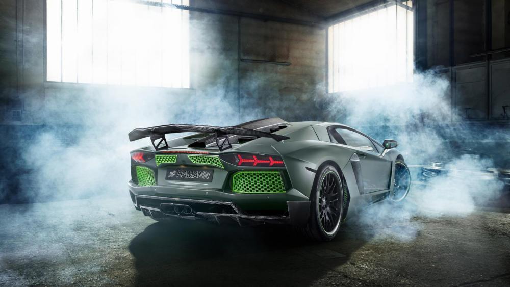 Lamborghini Aventador in a Dreamy Misty Garage Scene wallpaper