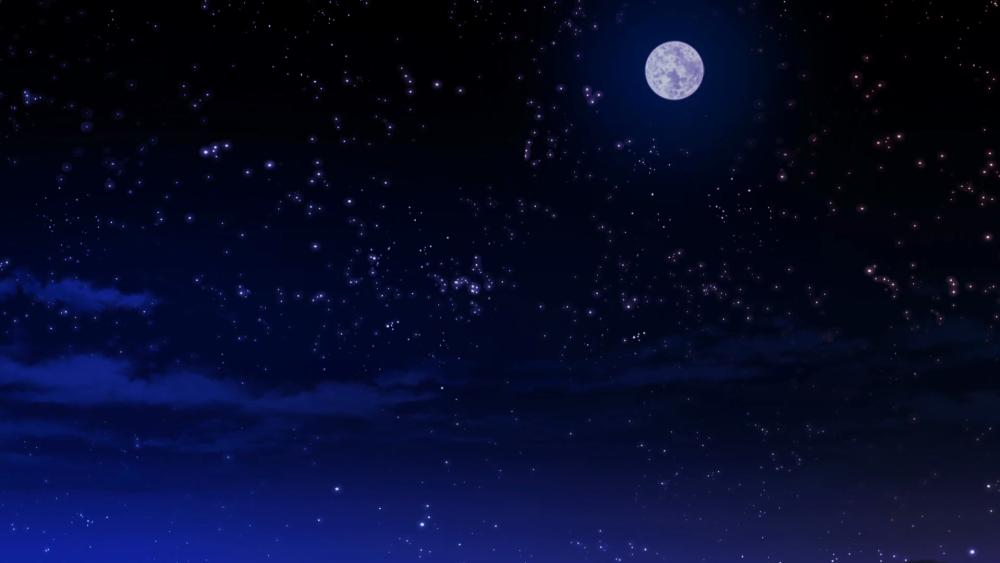 Starry Anime Night Under a Luminous Full Moon wallpaper