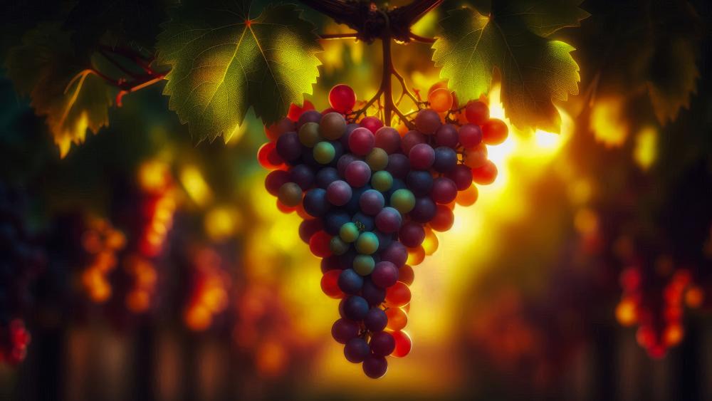 A bunch of Grapes hanging from a vine wallpaper