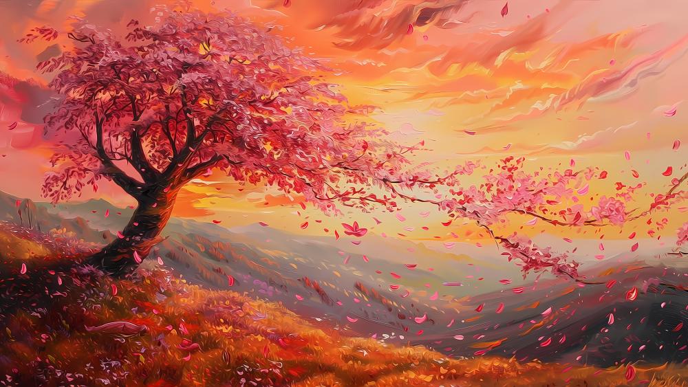 Ethereal Sunset Under the Pink Tree wallpaper