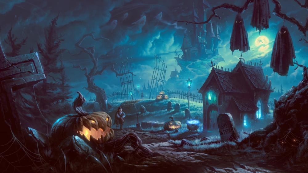 Eerie Halloween Night in Haunted Graveyard wallpaper