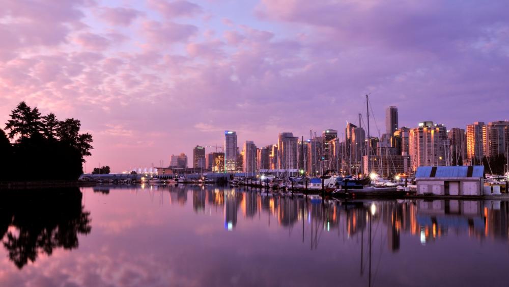 Vancouver Cityscape at Dusk with Purple Hues wallpaper