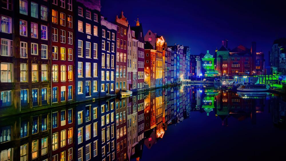 Amsterdam's Vibrant Night Reflection in 5K Detail wallpaper