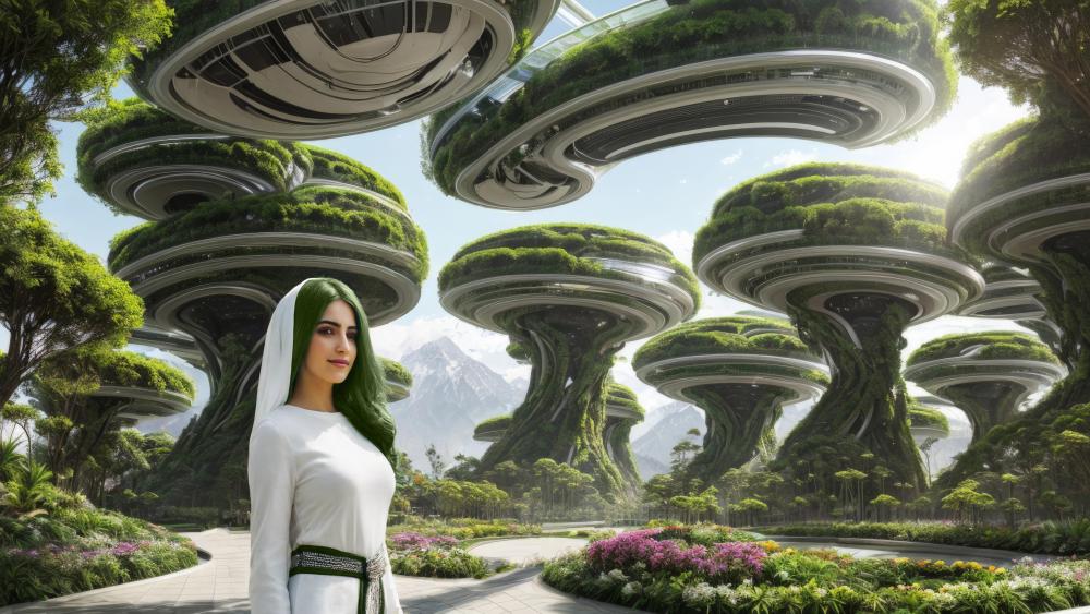 Handsome Iranian girl in a futuristic hanging gardens wallpaper