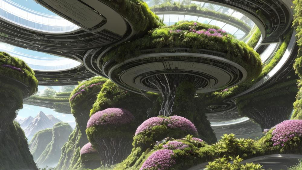 Futuristic hanging gardens wallpaper