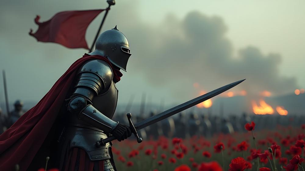 Medieval Knight in a Battlefield of Poppies wallpaper