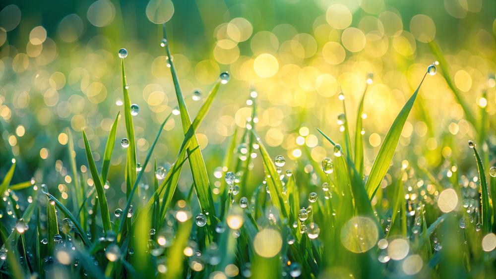 Morning dew on fresh green field wallpaper