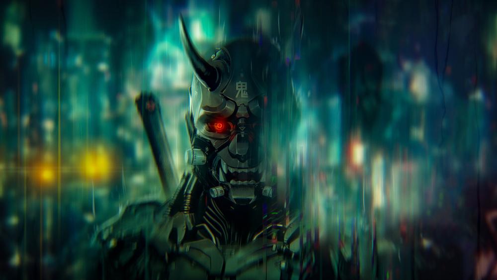 Cyberpunk Oni Samurai in Neon City wallpaper