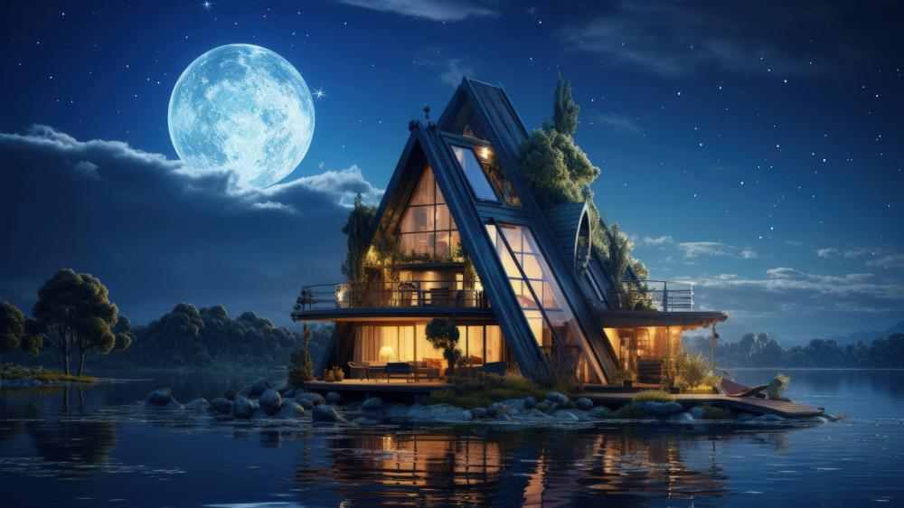 Mystical Lakeside Retreat Under the Full Moon wallpaper