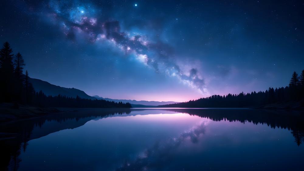 Heavenly Reflections: A Starry Night Lake Scene wallpaper