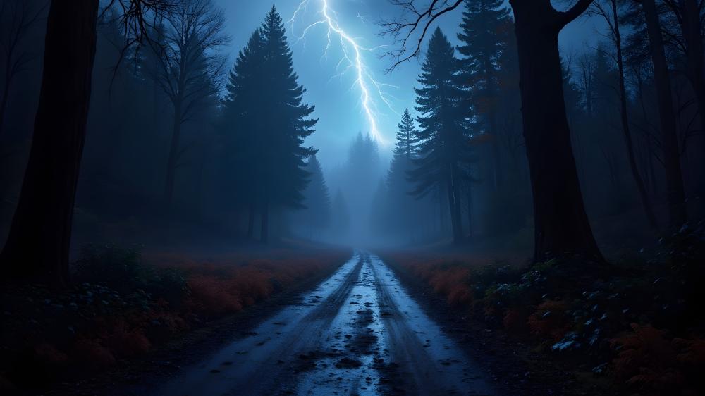 Lightning Strikes Through the Dark Forest wallpaper