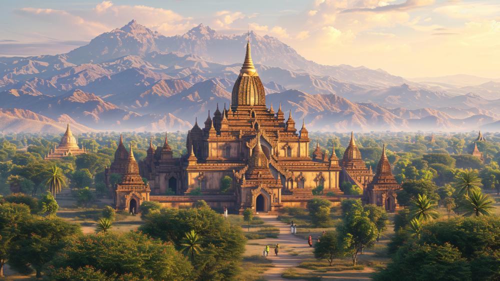 Temple in the Heart of Bagan's Golden Glow wallpaper