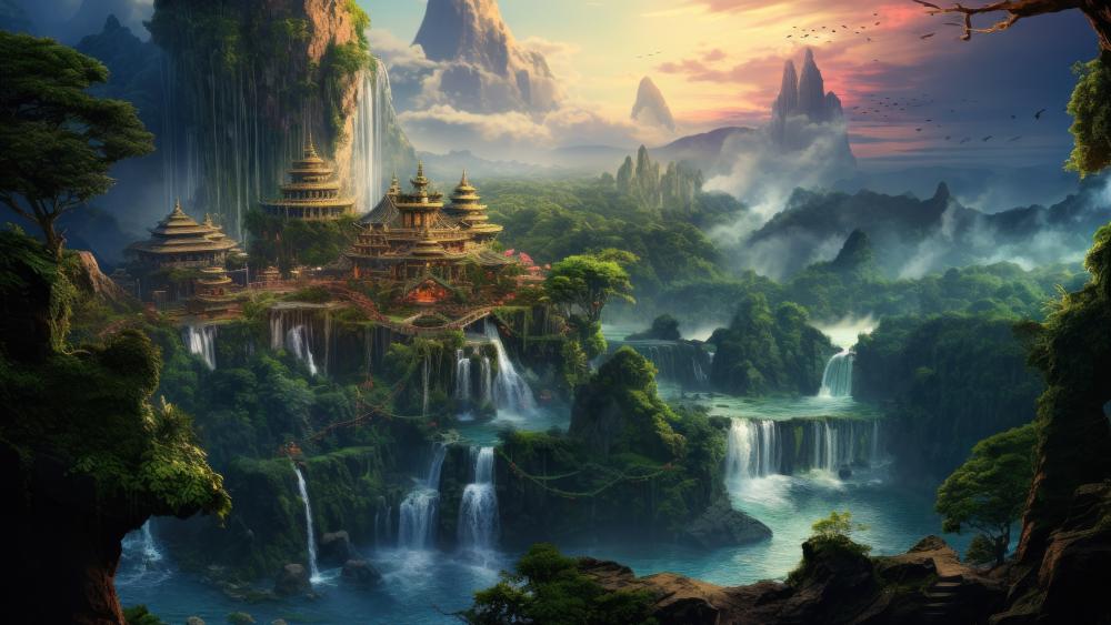 Hidden Temple in a Mystical Mountain Valley wallpaper