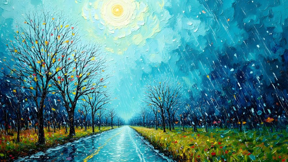 Dreamy Rainy Roadscape in Vivid Colors wallpaper