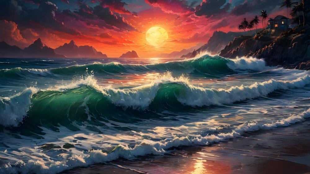 Sunset Waves of Fantasy Wonder wallpaper