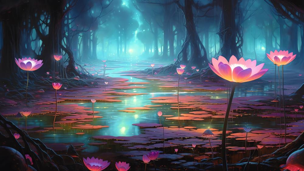 Glowing Lotus in a Dreamlike Swamp wallpaper