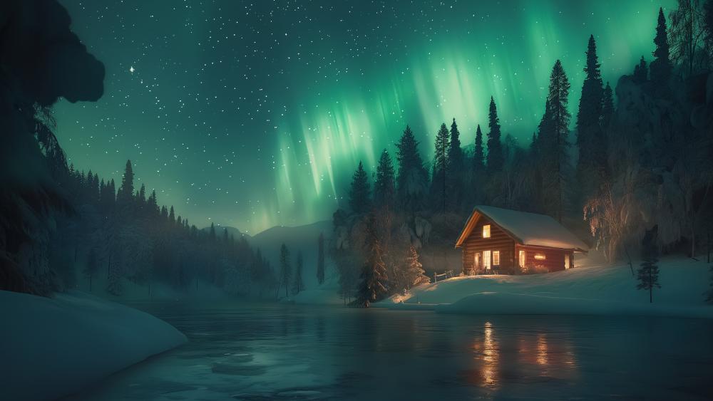 Aurora Glow Over Winter Cabin wallpaper