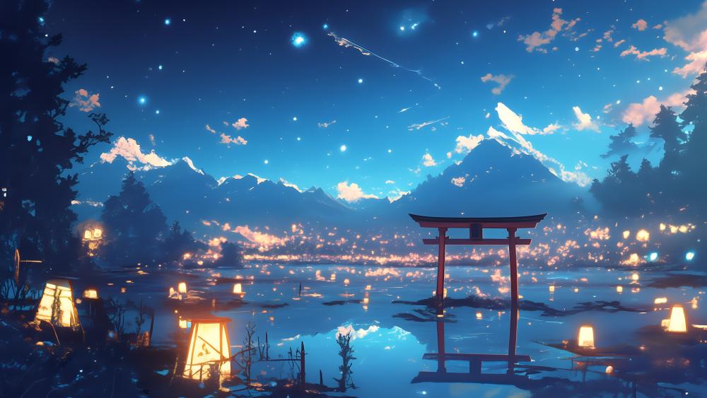 Anime Night Serenity under Lanterns and Stars wallpaper