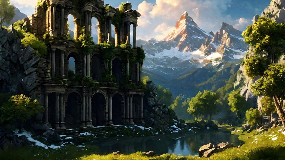 Ancient Ruins in a Fantasy Landscape wallpaper