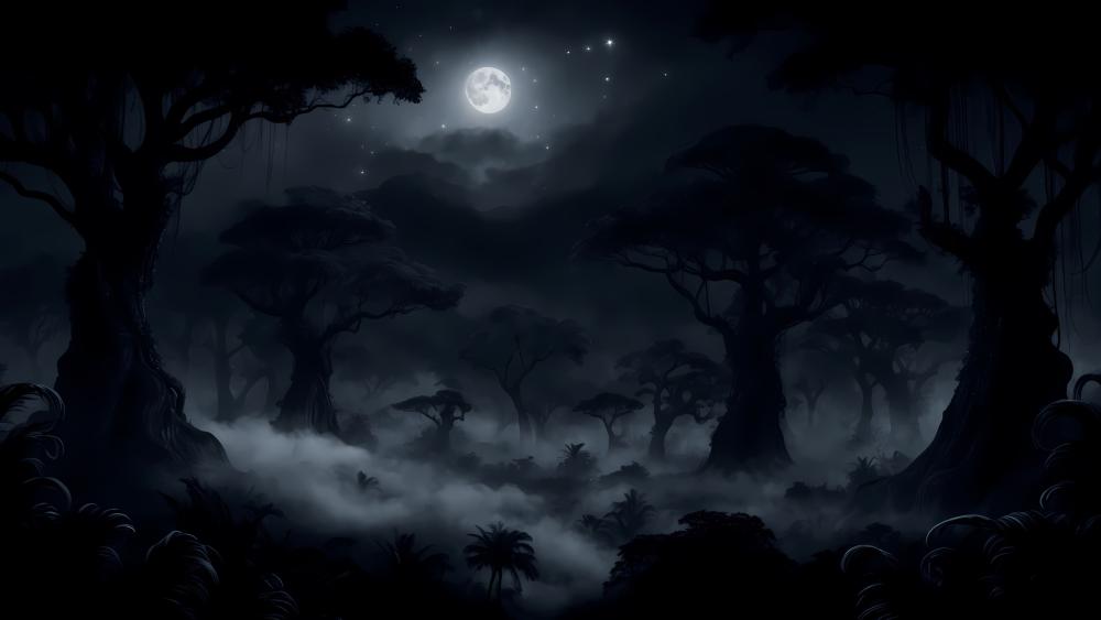 Moonlit Enchantment in the Dark Forest wallpaper