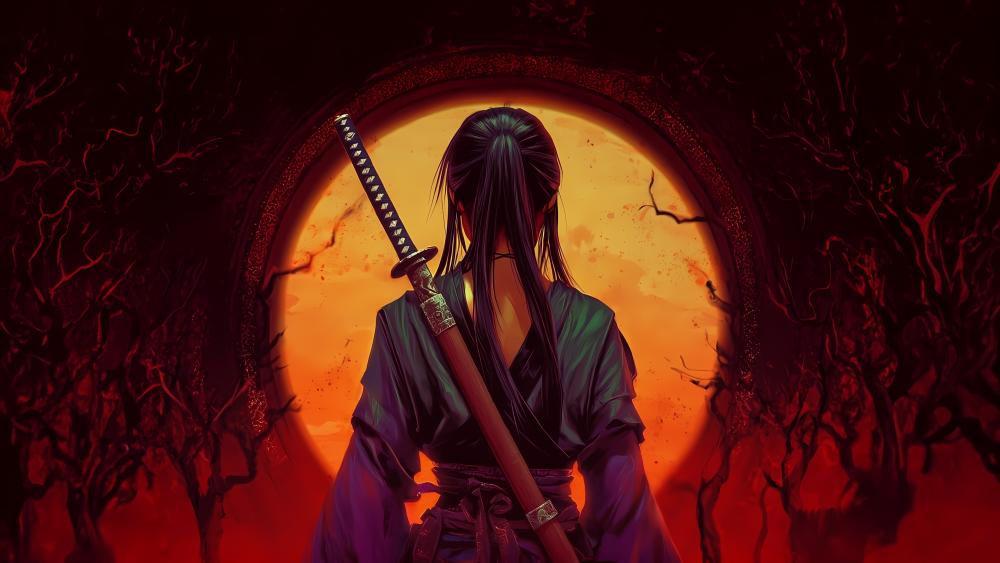 Samurai at Sunset: Futuristic Fantasy Vision wallpaper