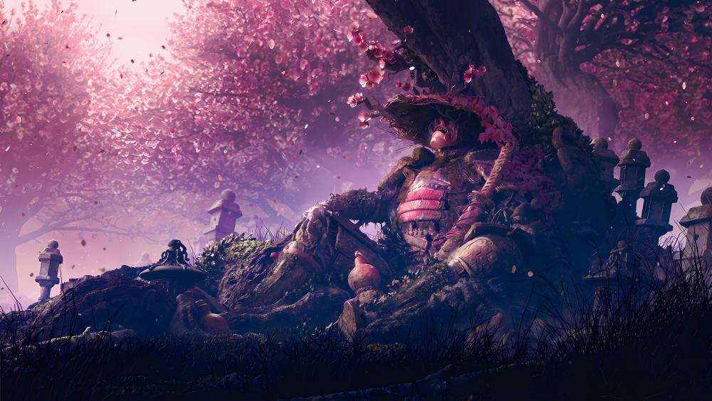 Samurai's Restful Reverie Amid Blossoms wallpaper