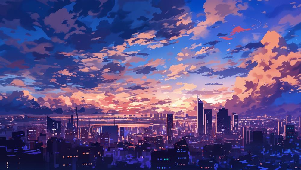 Anime Skyline at Dusk in 5K Resolution wallpaper