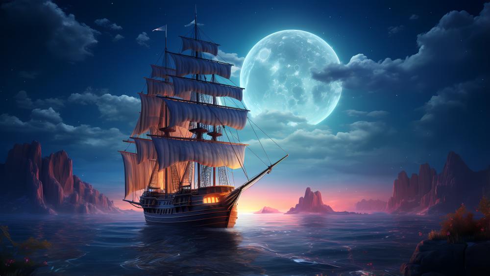 Sailing Under the Moonlit Sky wallpaper