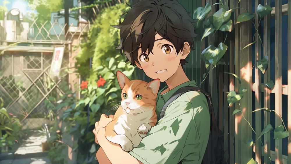 Charming Anime Guy with Cat in Serene Setting wallpaper