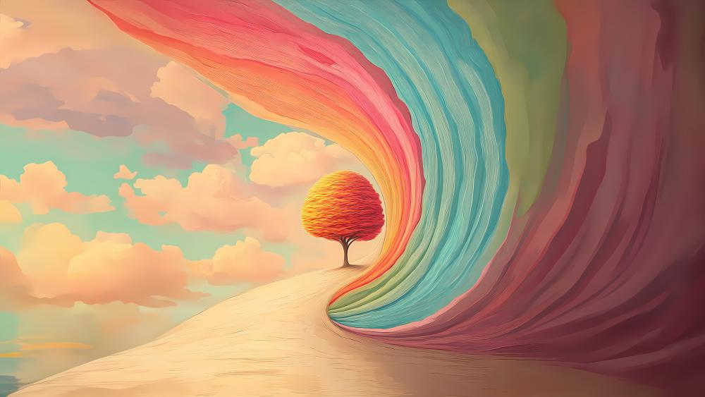 Rainbow Dreamscape with Lone Tree Wall Art wallpaper