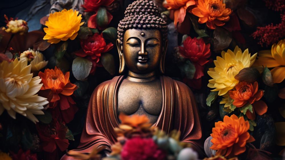 Serene Buddha Amidst Blossoming Beauty wallpaper