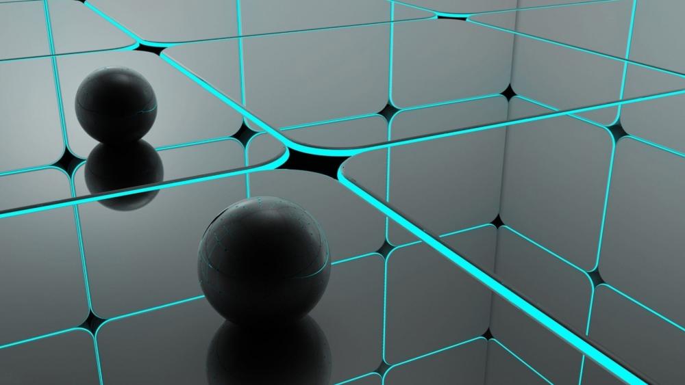 Illuminated Spheres on Reflective Mesh Surface wallpaper