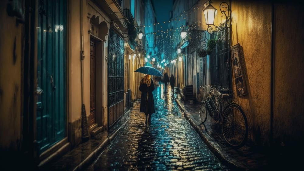 Rainy Night Walk on Cobblestone Streets wallpaper