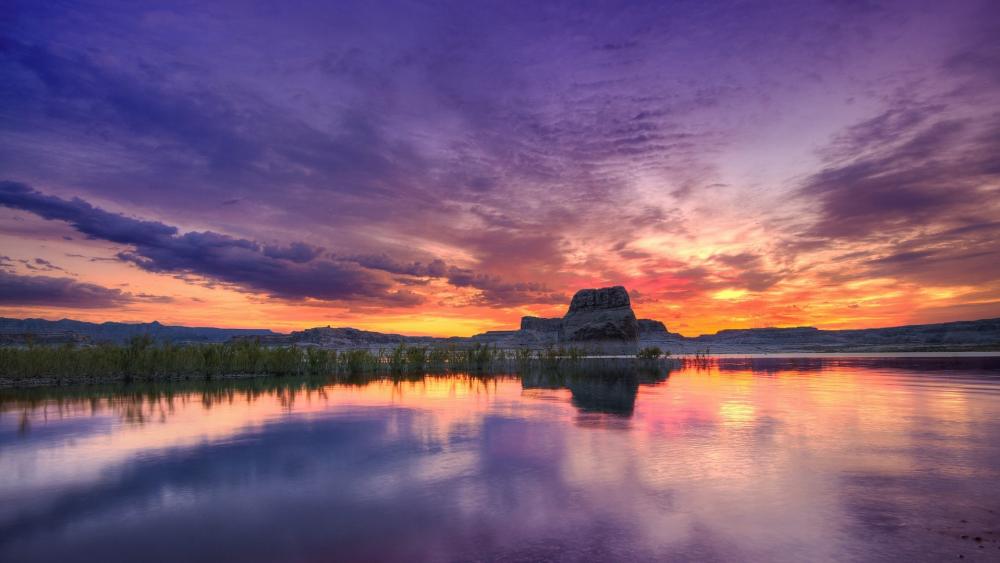 Purple Serenity Over a Tranquil Lake Landscape wallpaper