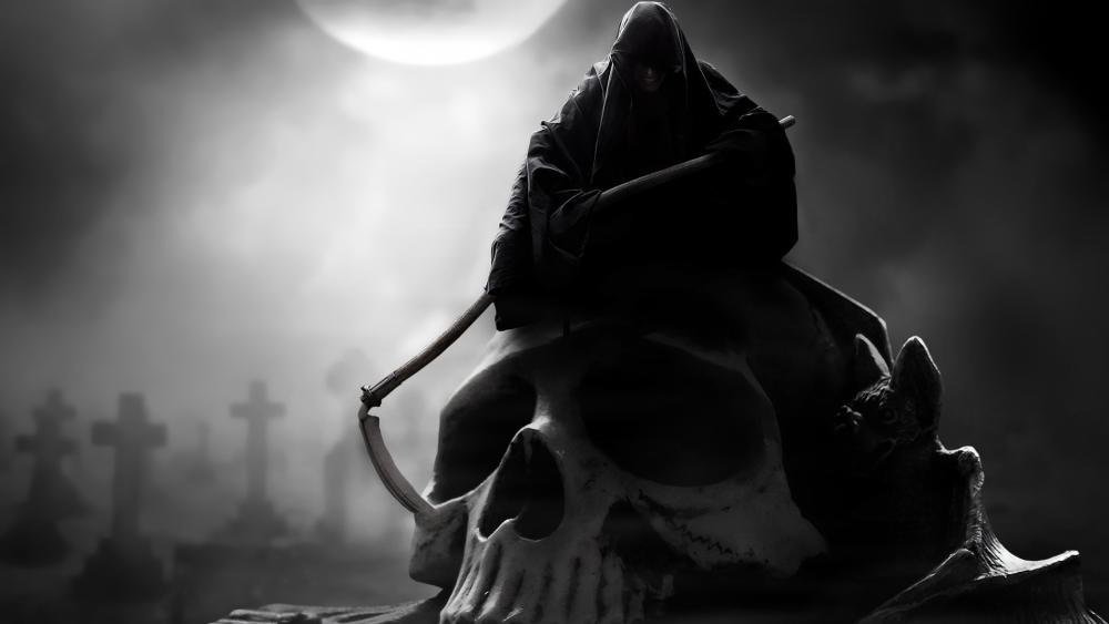 Gloomy Reaper in Moonlit Cemetery Scene wallpaper