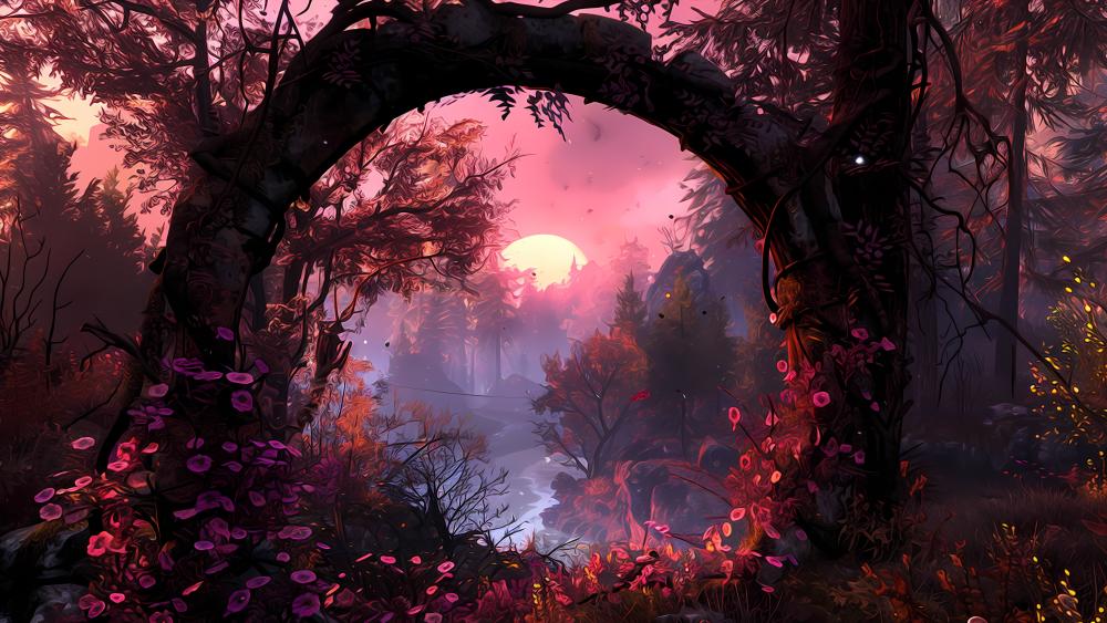 Enchanted Sunset in a Mystical Forest wallpaper