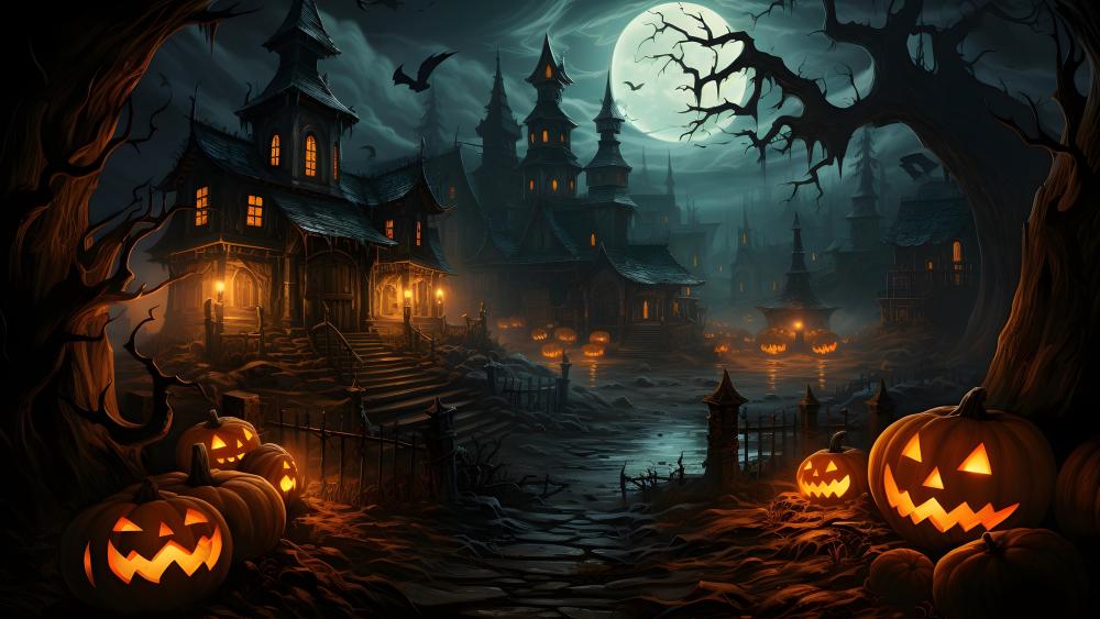 Haunting Halloween Night in Spooky Village wallpaper